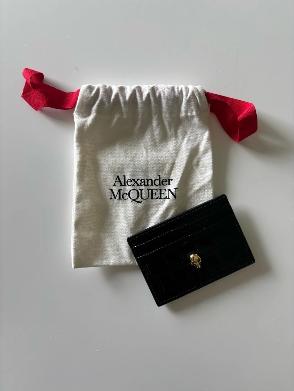 Alexander McQueen Black Croc-Embossed Card & Key Holder with Gold Skull